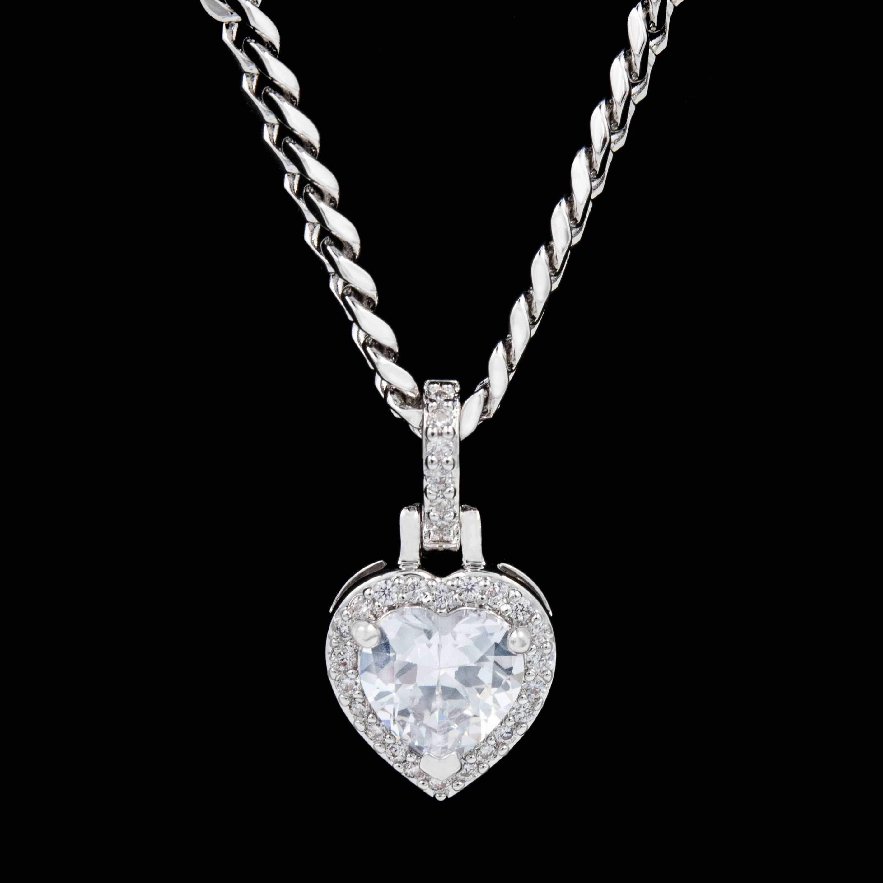 Micro Iced Diamond Heart Pendant in White Gold