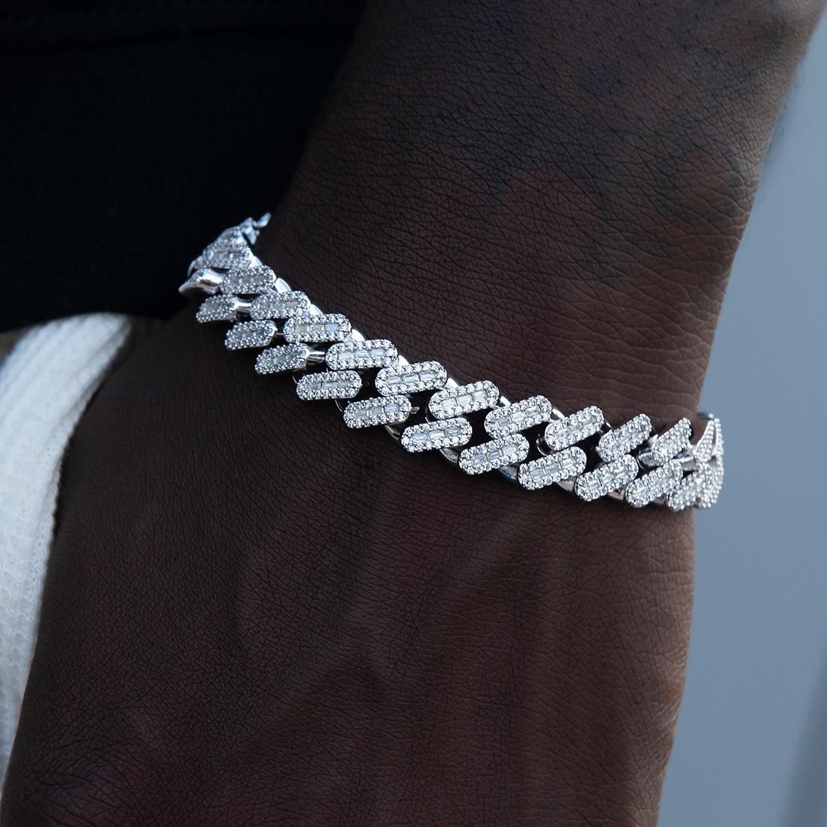 Diamond Baguette Cuban Bracelet in White Gold - 12mm