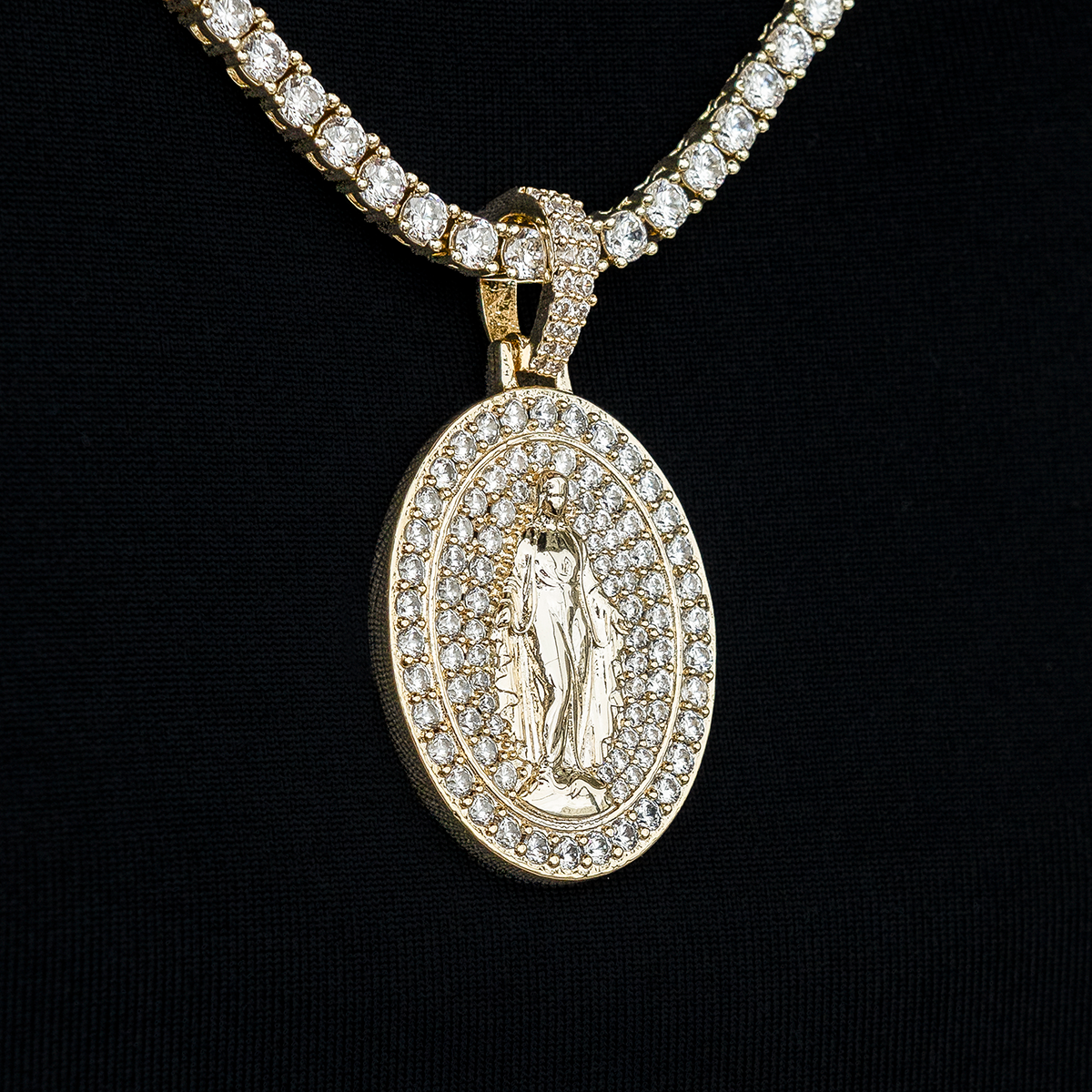 Iced Lady of Guadalupe Pendant in Yellow Gold