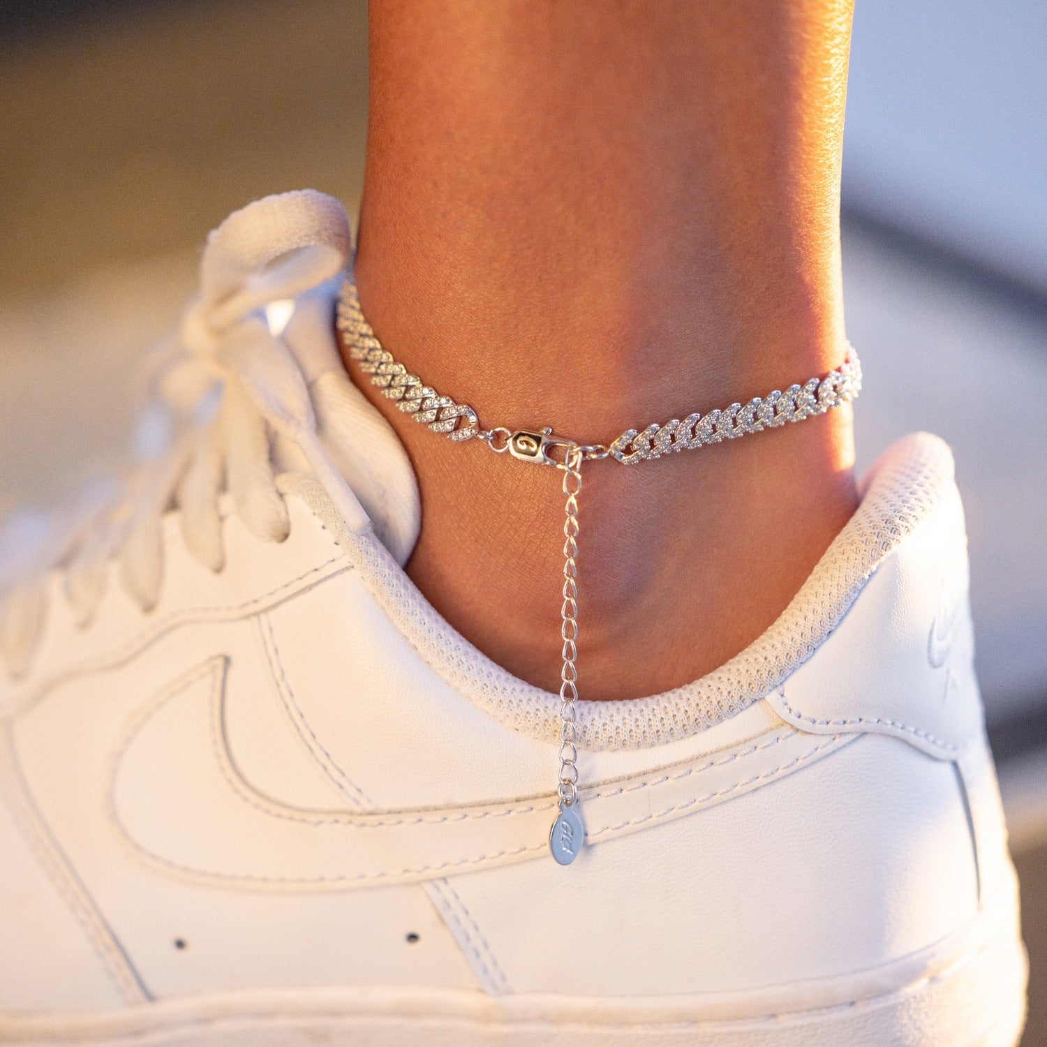 Micro Diamond Prong Cuban Anklet in White Gold - 6mm