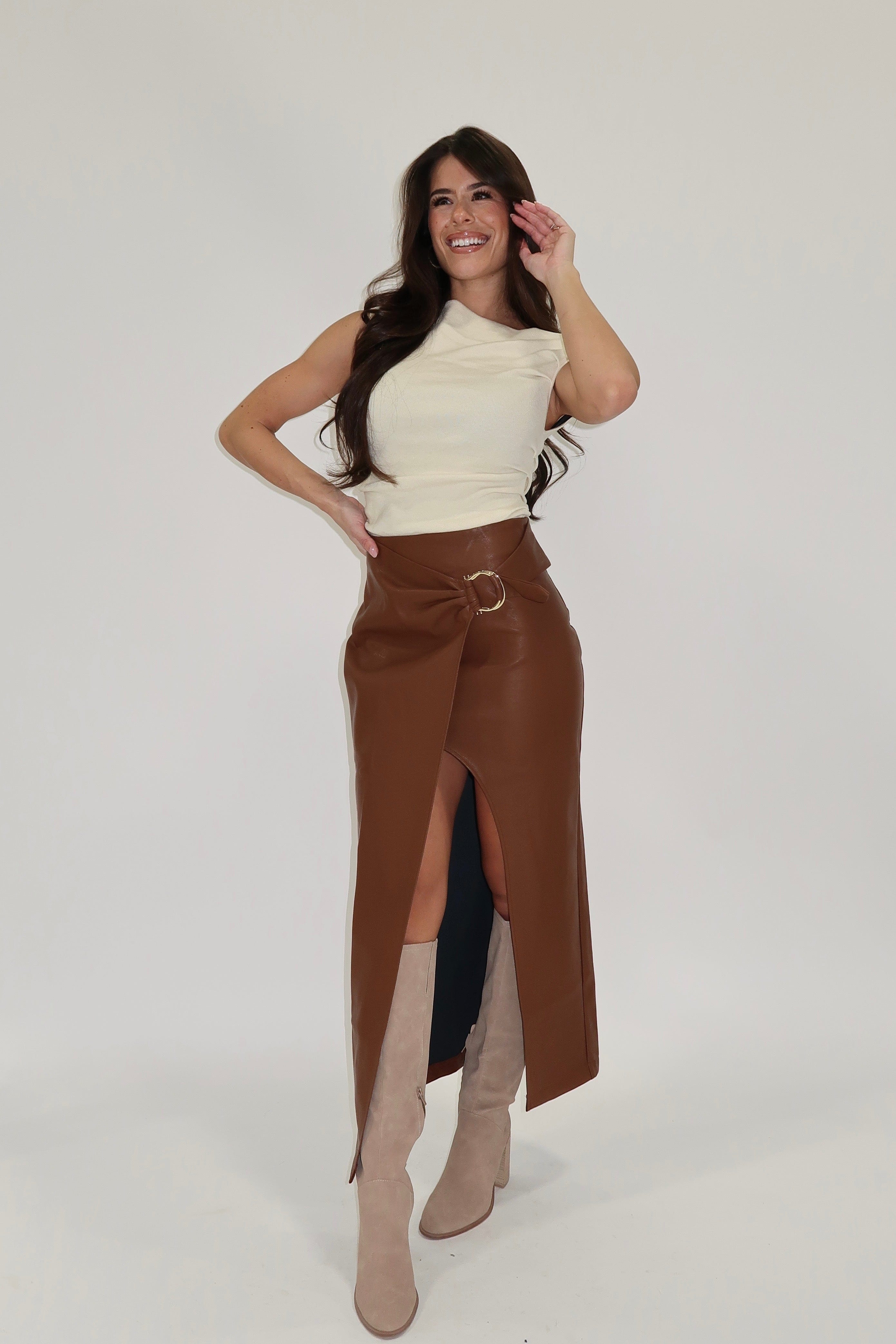 Brown Wrap Front Leather Skirt