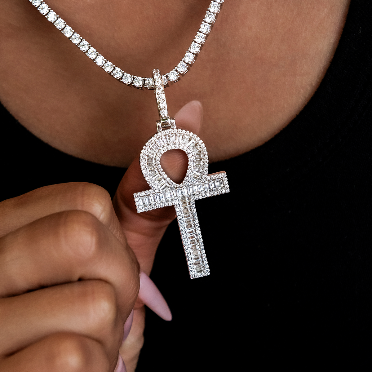 Diamond Baguette Ankh Cross Pendant in White Gold