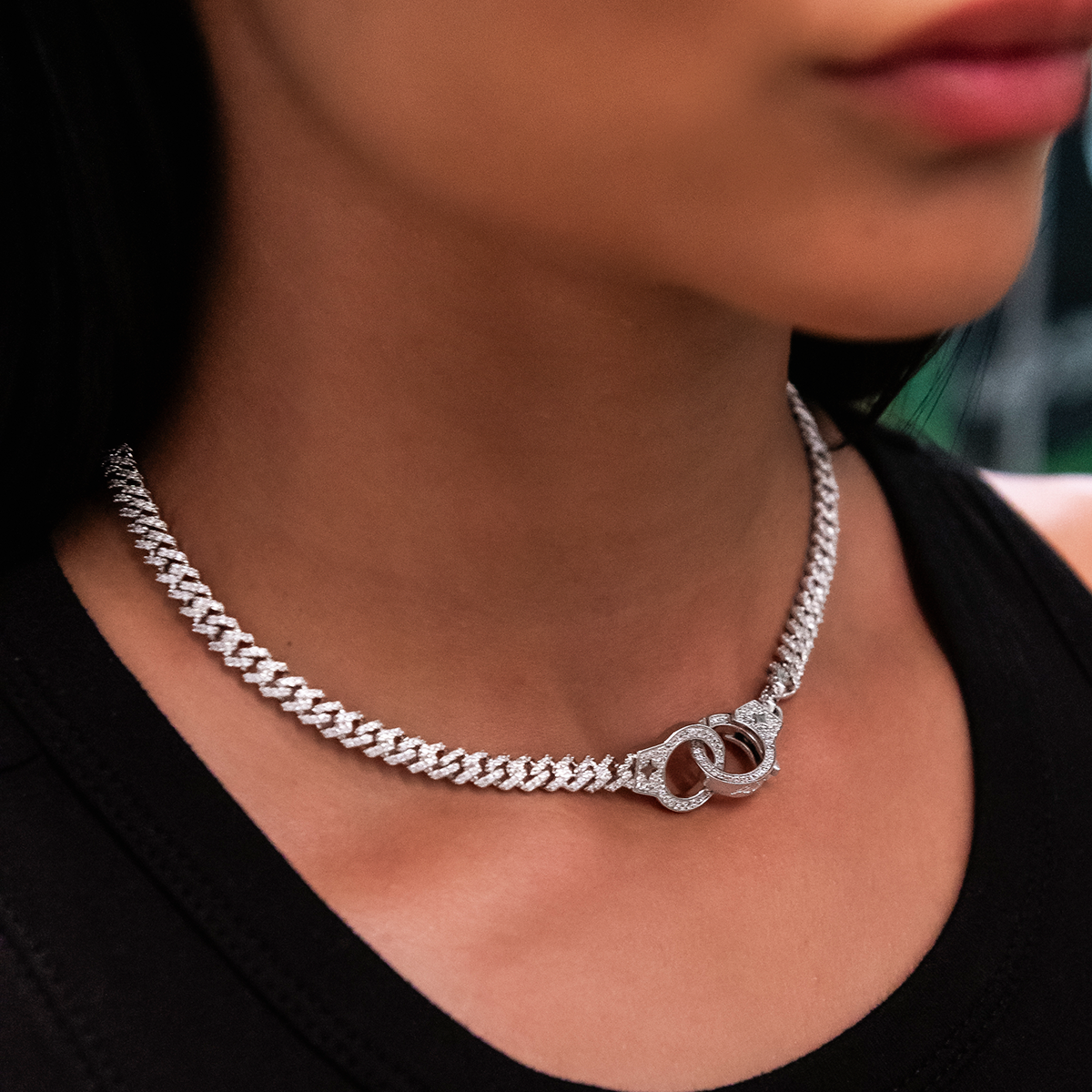 Iced Handcuff Diamond Prong Cuban Necklace in White Gold