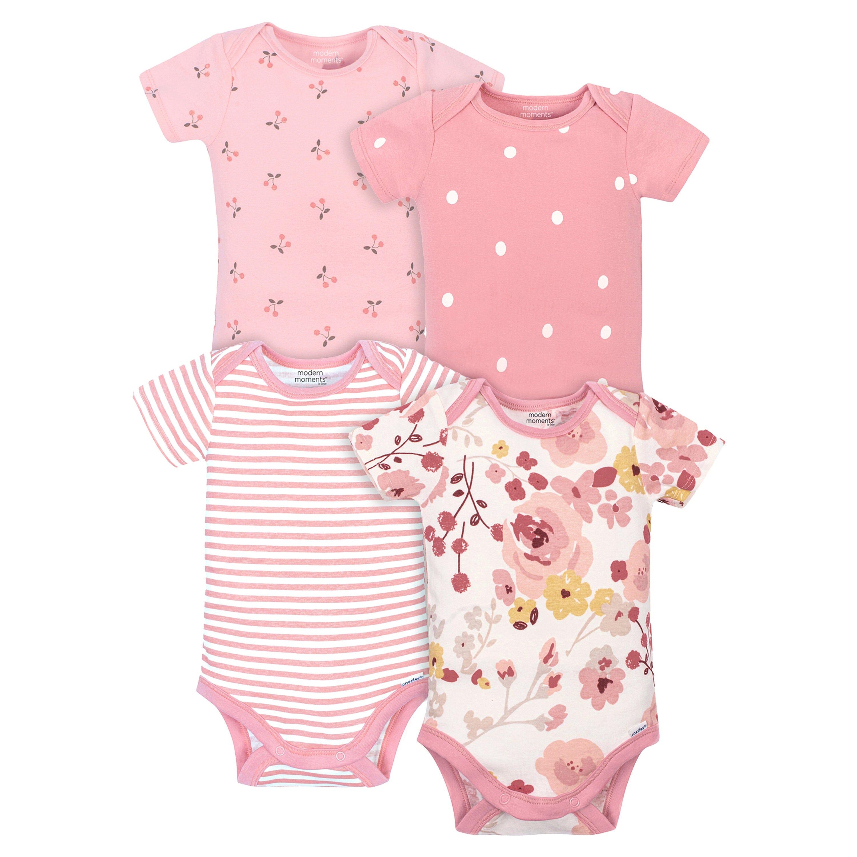 4-Pack Baby Girls Pink Floral Short Sleeve Onesies Bodysuits