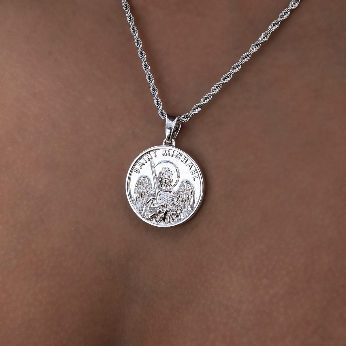 Saint Michael Coin Pendant in White Gold