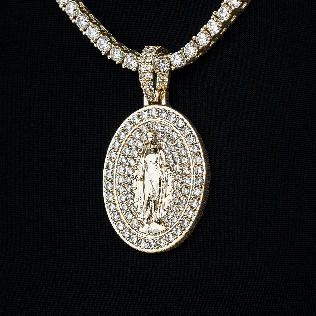 Iced Lady of Guadalupe Pendant in Yellow Gold