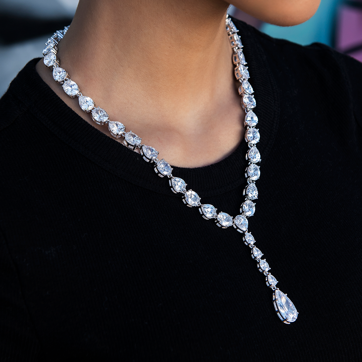 Diamond Teardrop Lariat Necklace in White Gold