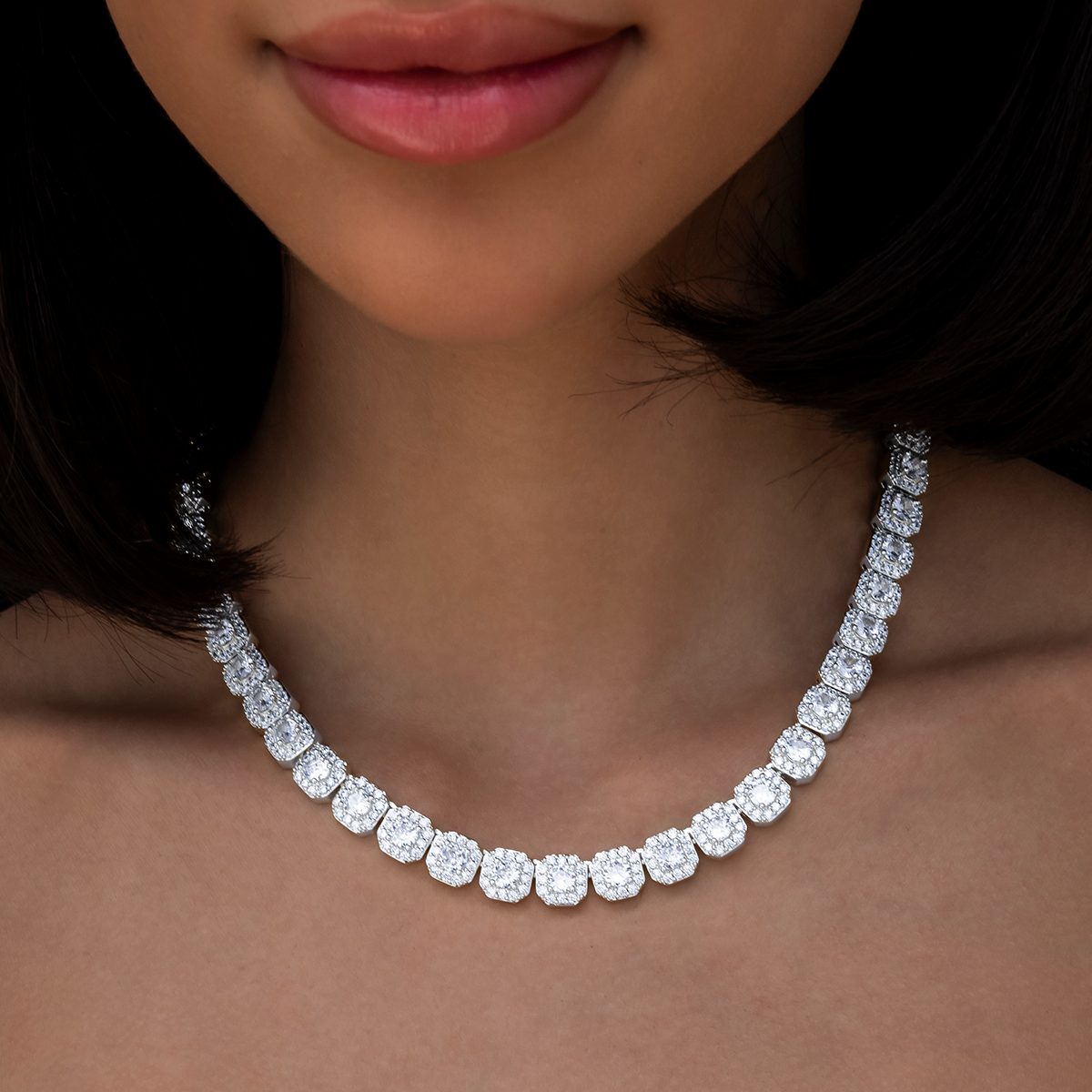 Clustered Tennis Necklace in White Gold- 8.5mm