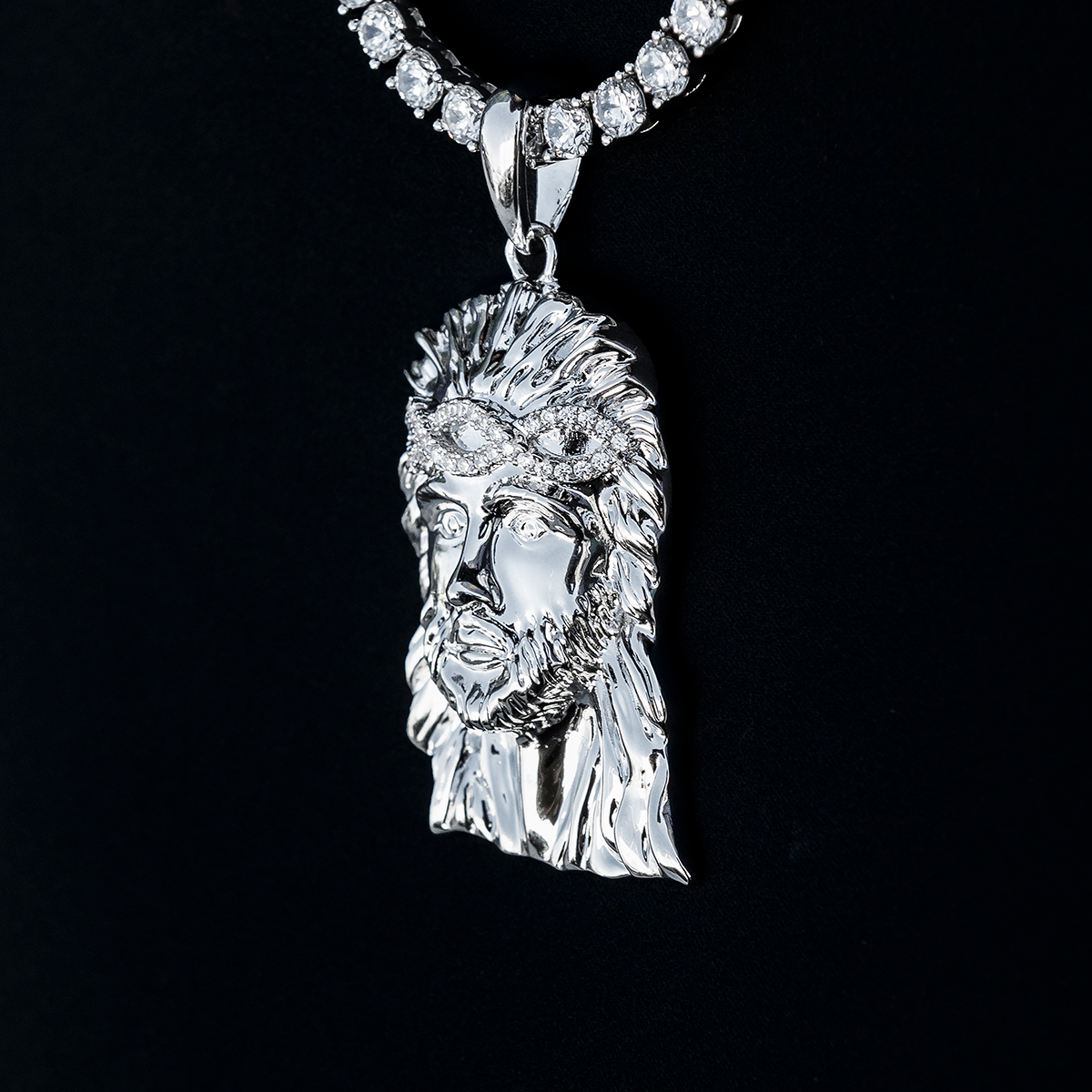 Large Diamond Crown Portrait of Jesus Pendant in White Gold