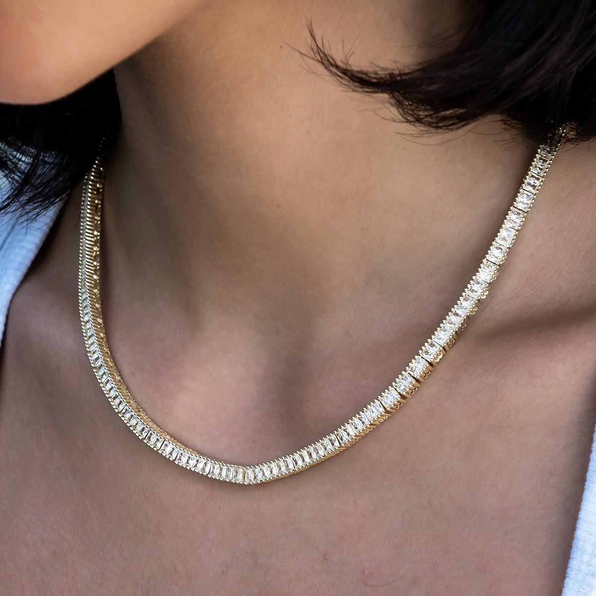 Diamond Baguette Tennis Necklace in Yellow Gold- 3mm