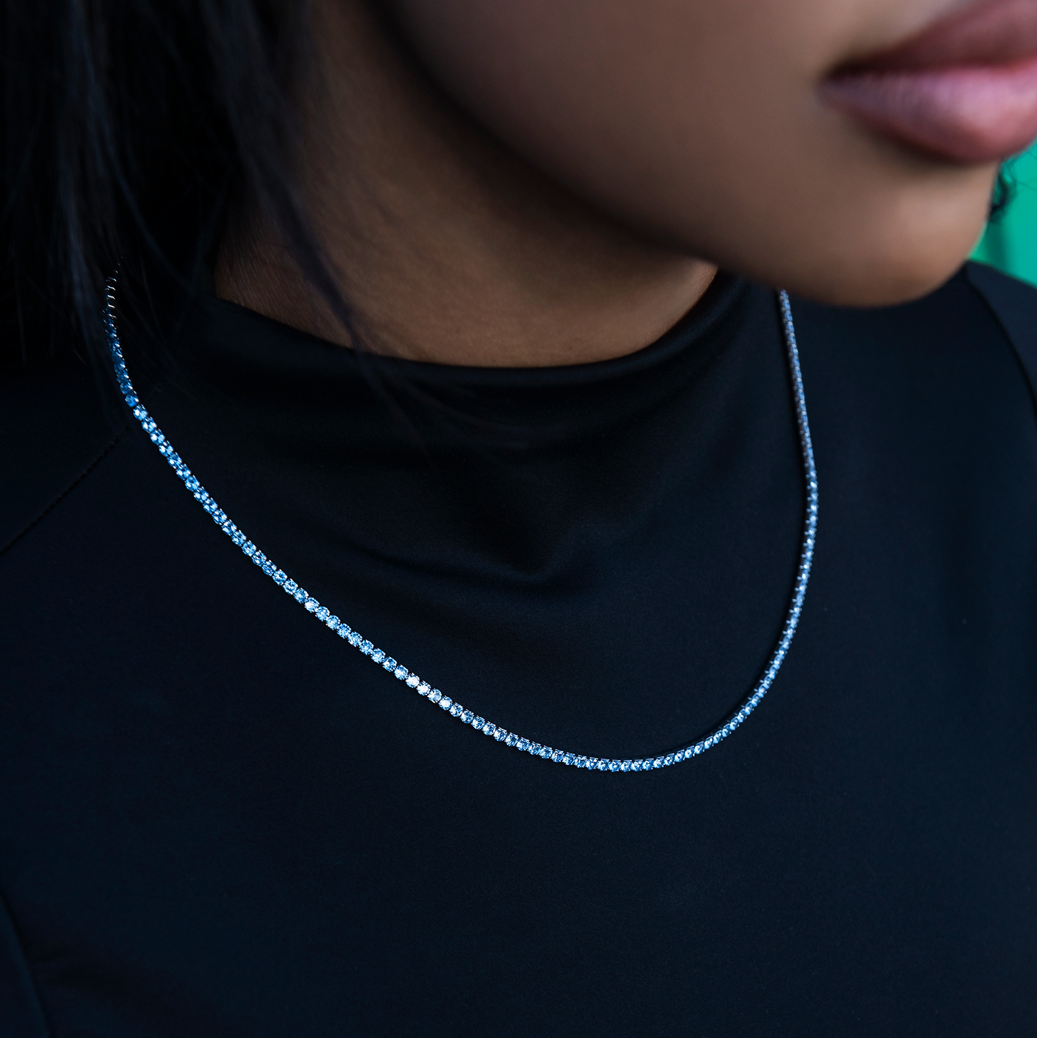 Blue Topaz Diamond Micro Tennis Necklace