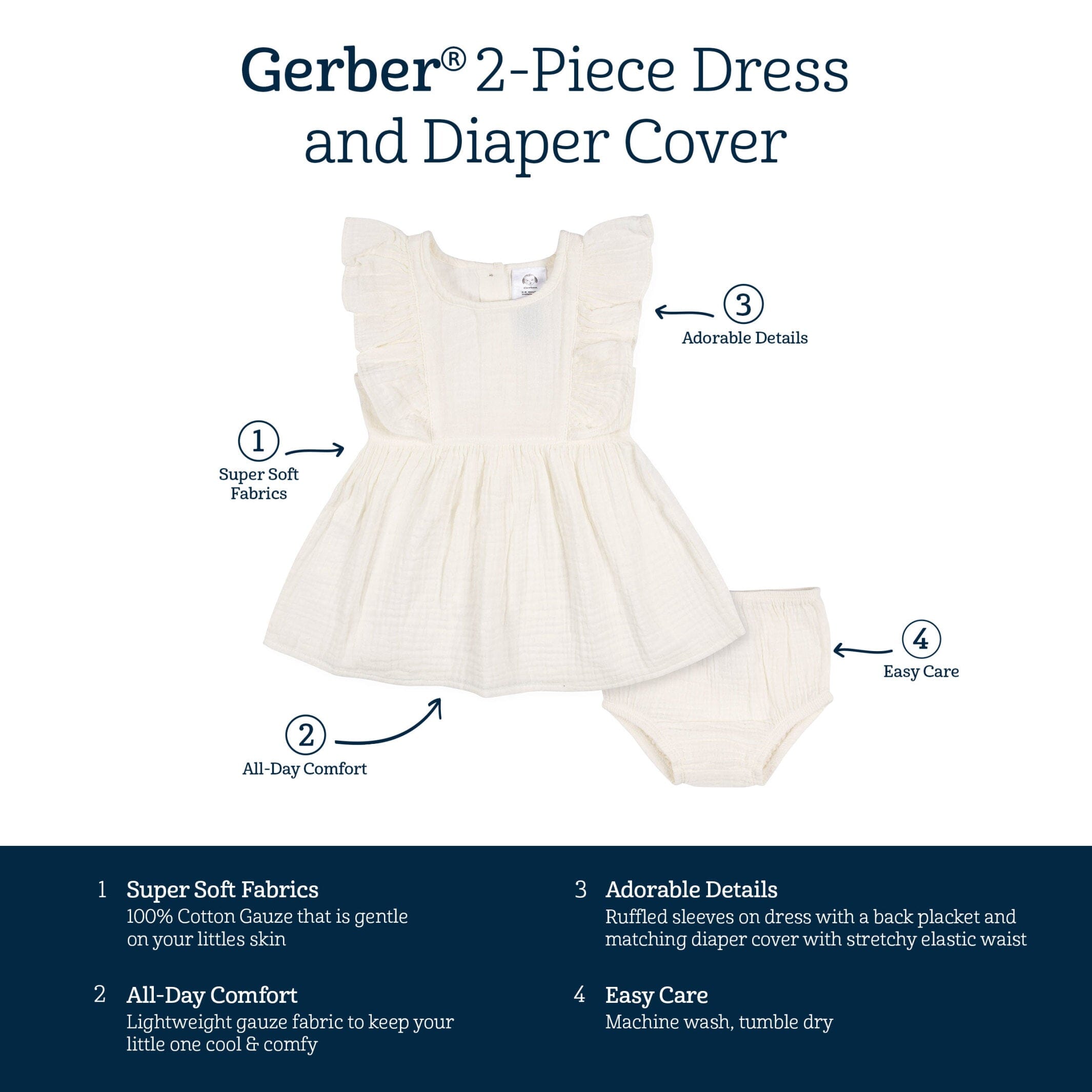 2-Piece Baby & Toddler Girls Ivory Gauze Dress & Diaper Cover Set