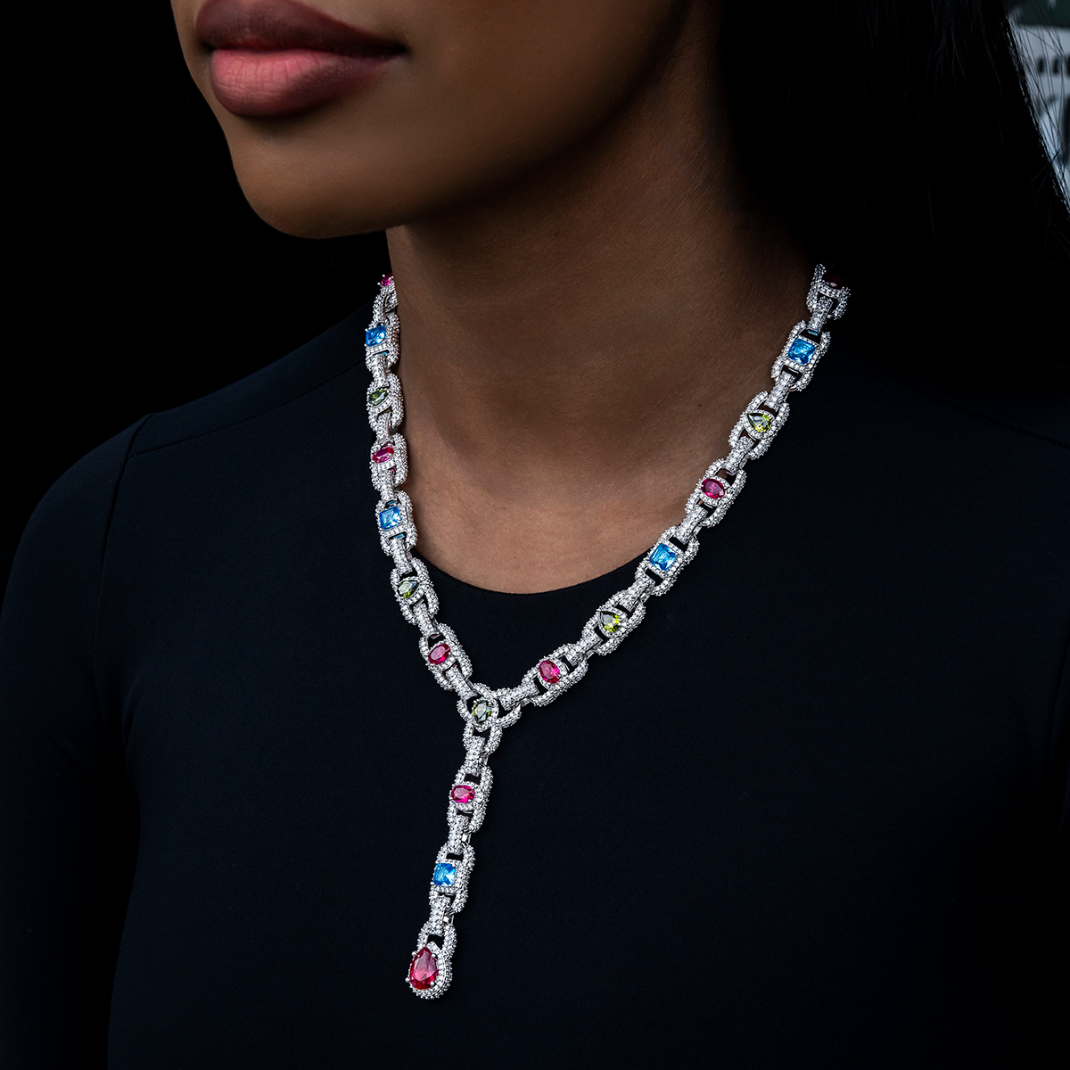 Diamond Cluster Mariner Teardrop Multicolor Lariat Necklace in White Gold