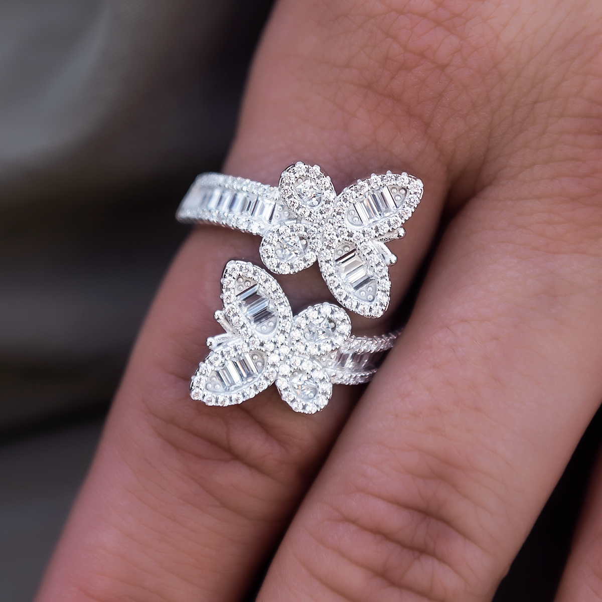 Diamond Baguette Butterfly Ring in White Gold Vermeil