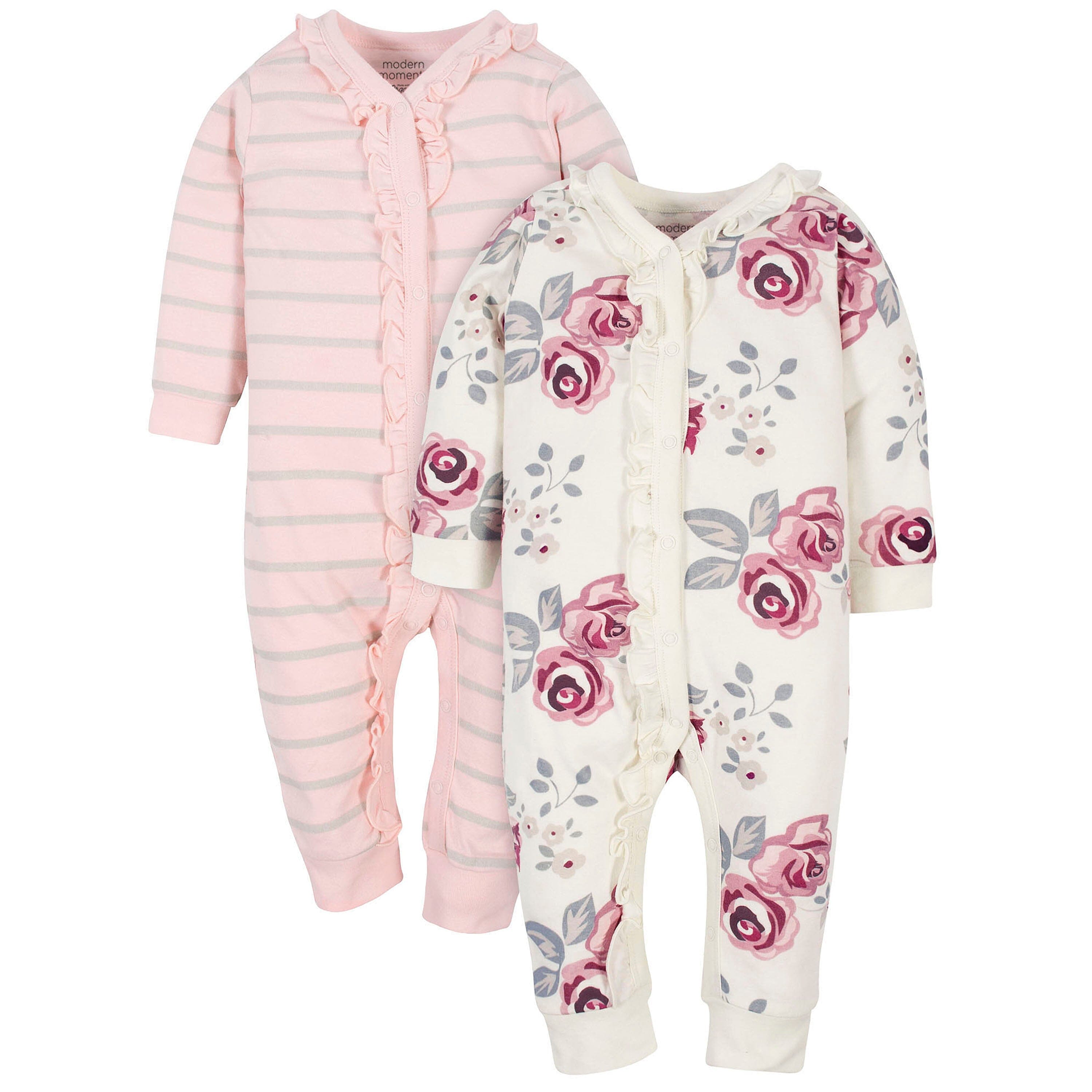 2-Pack Baby Girls Roses & Stripe Coveralls