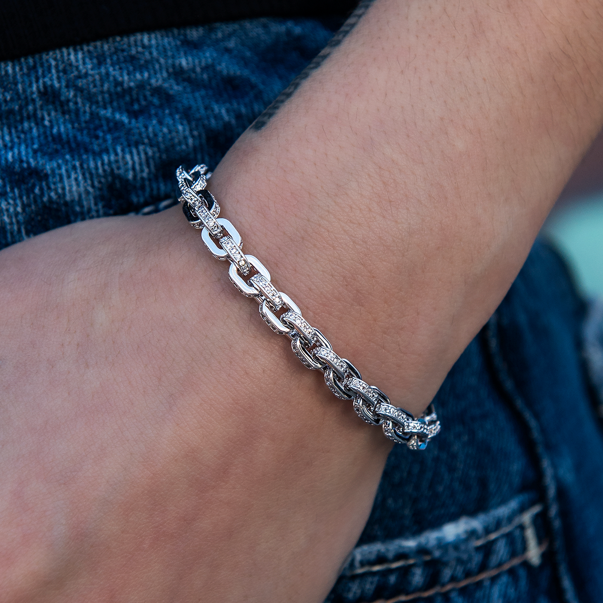 Iced Box Chain Bracelet in White Gold