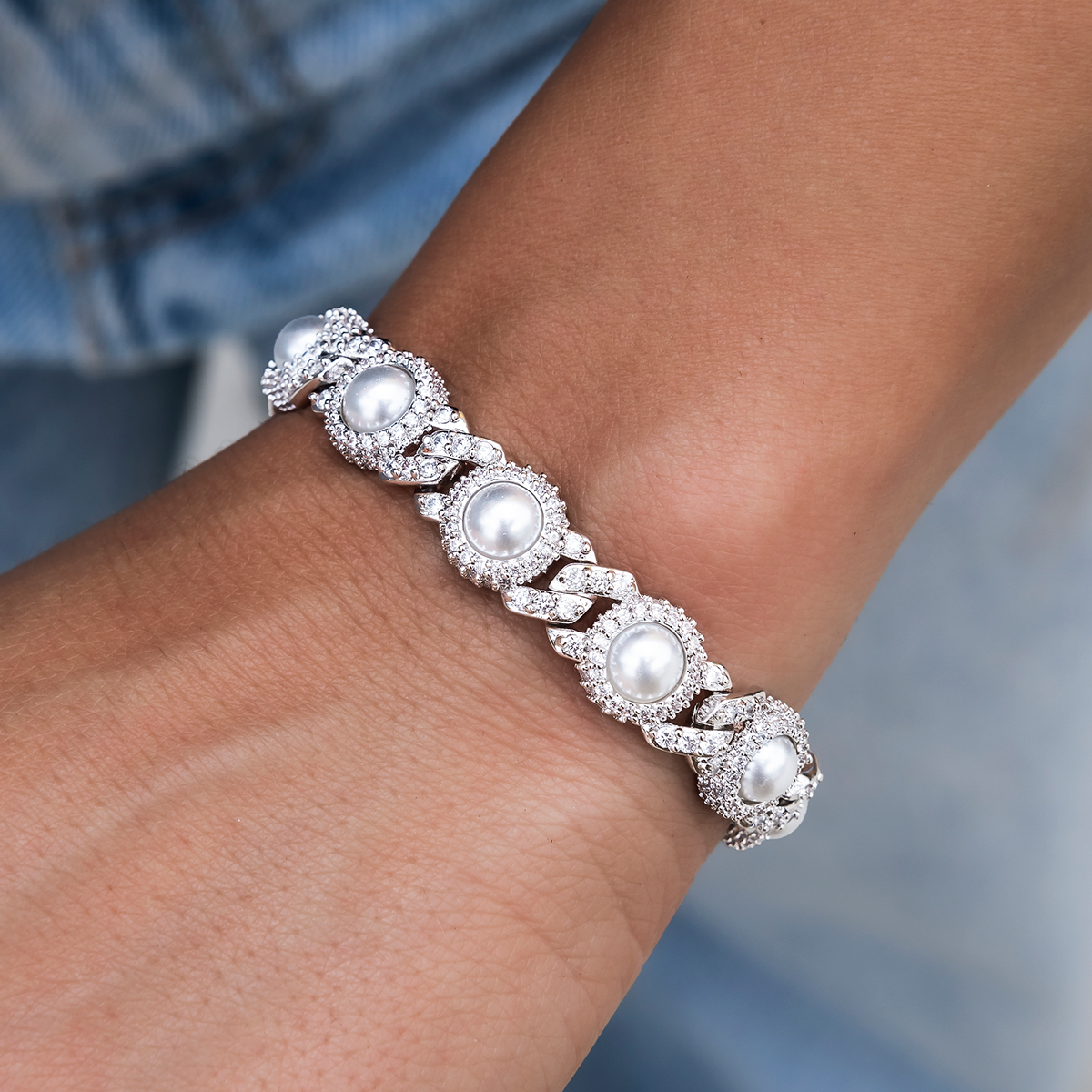 10mm Iced Halo Cuban Bracelet with Pearls in White Gold