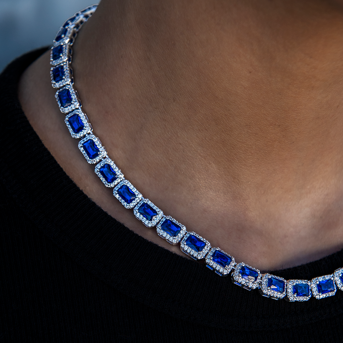 Sapphire Cushion Cut Tennis Necklace in White Gold