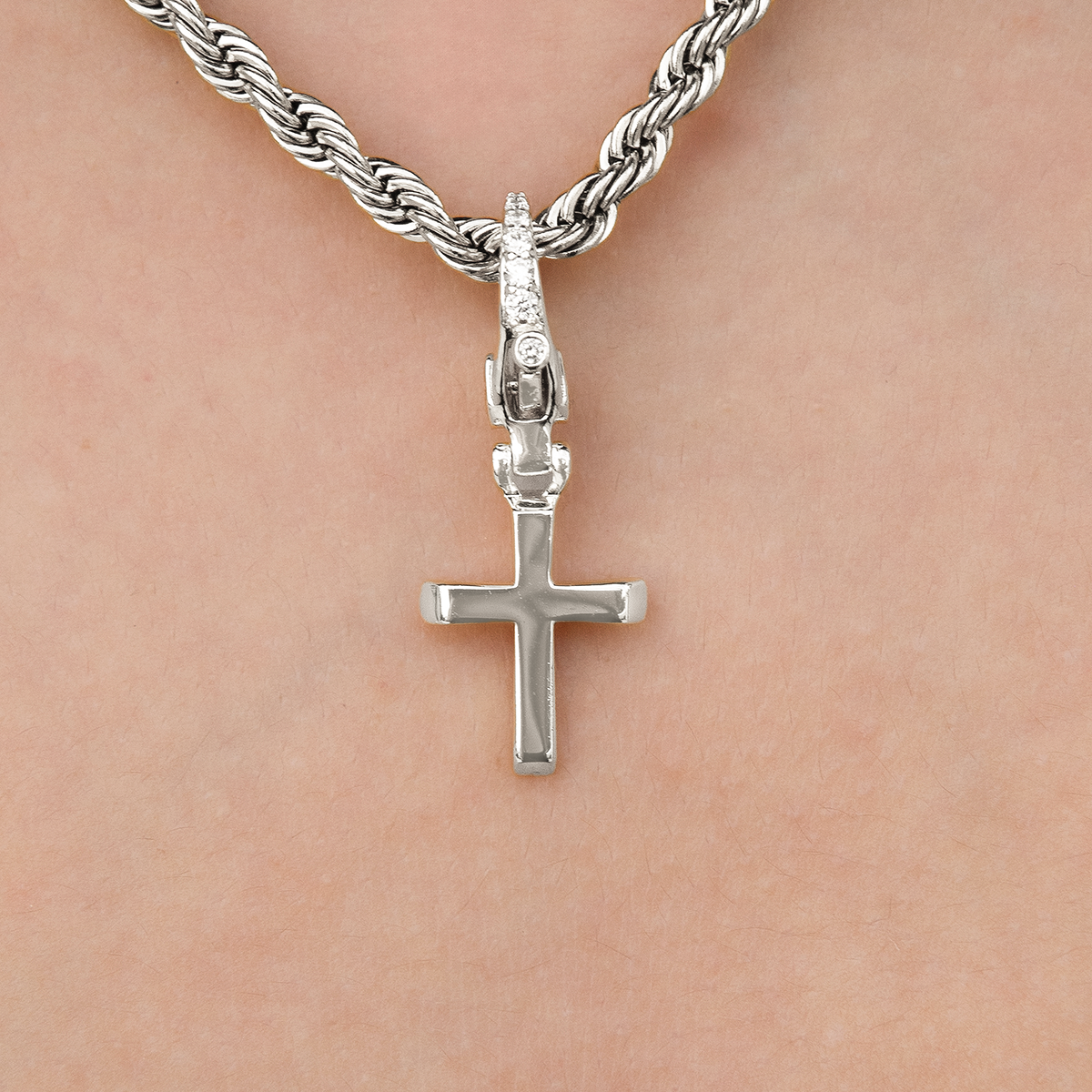 Simple Cross Clip On Pendant in White Gold