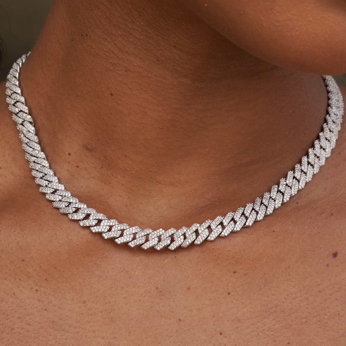 8.5mm Diamond Prong Cuban Necklace - White Gold