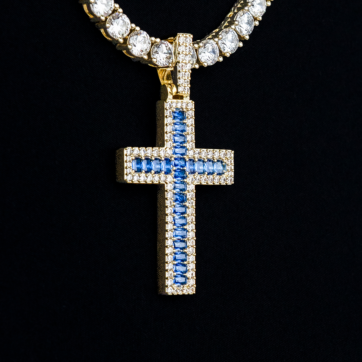 Blue Baguette Cross Pendant