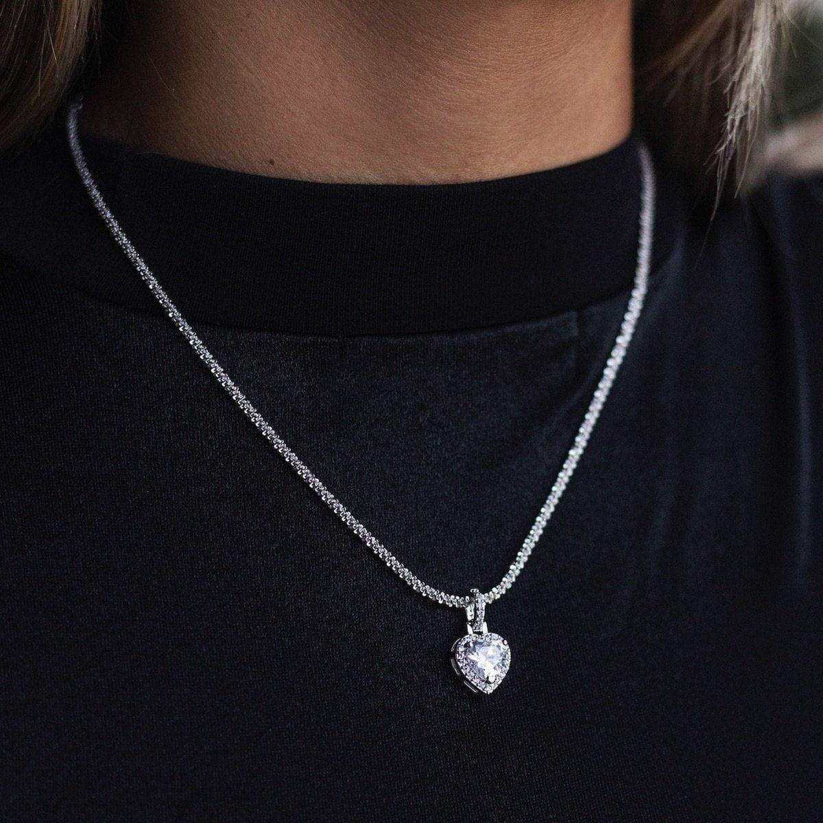 Micro Iced Diamond Heart Pendant in White Gold