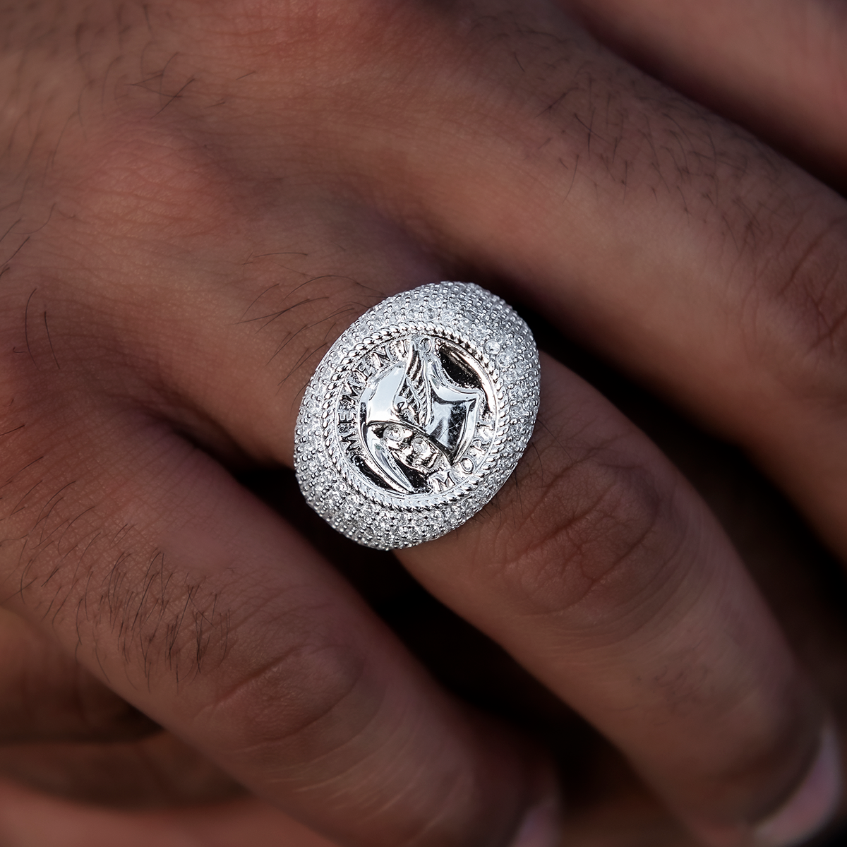 Memento Mori Signet Ring in White Gold Vermeil