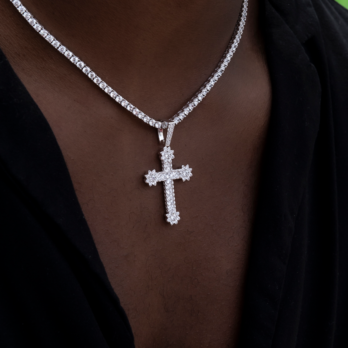 Diamond Flower Cross Pendant in White Gold