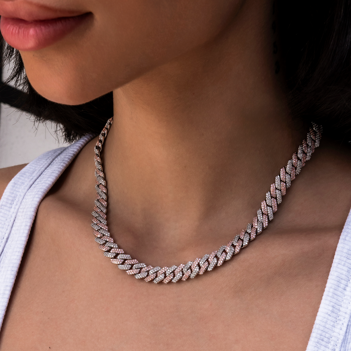 Diamond Prong Cuban Necklace in Rose/White Gold- 8.5mm