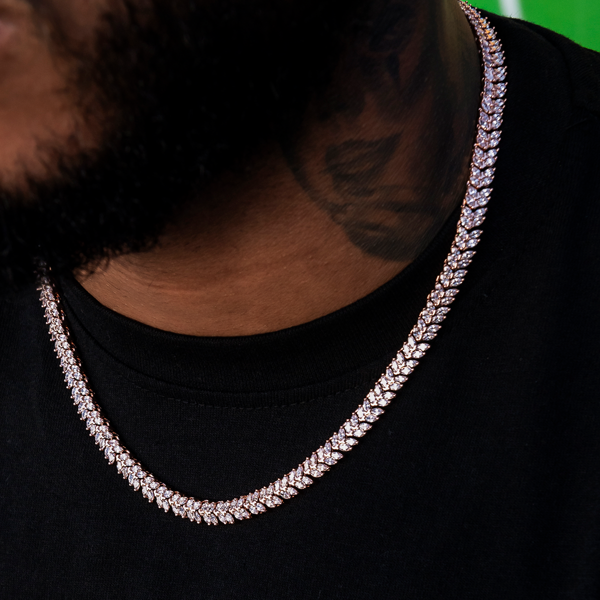 Iced Herringbone Chain in Rose Gold- 7mm