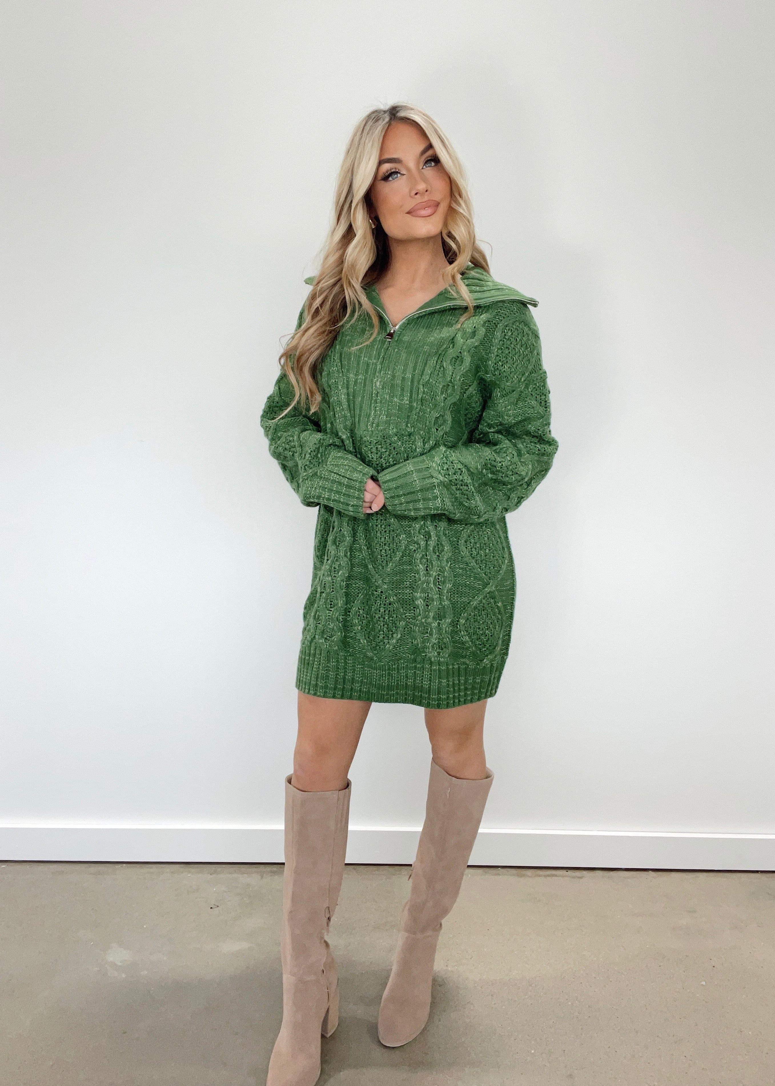 Green Quarter Zip Sweater Dress