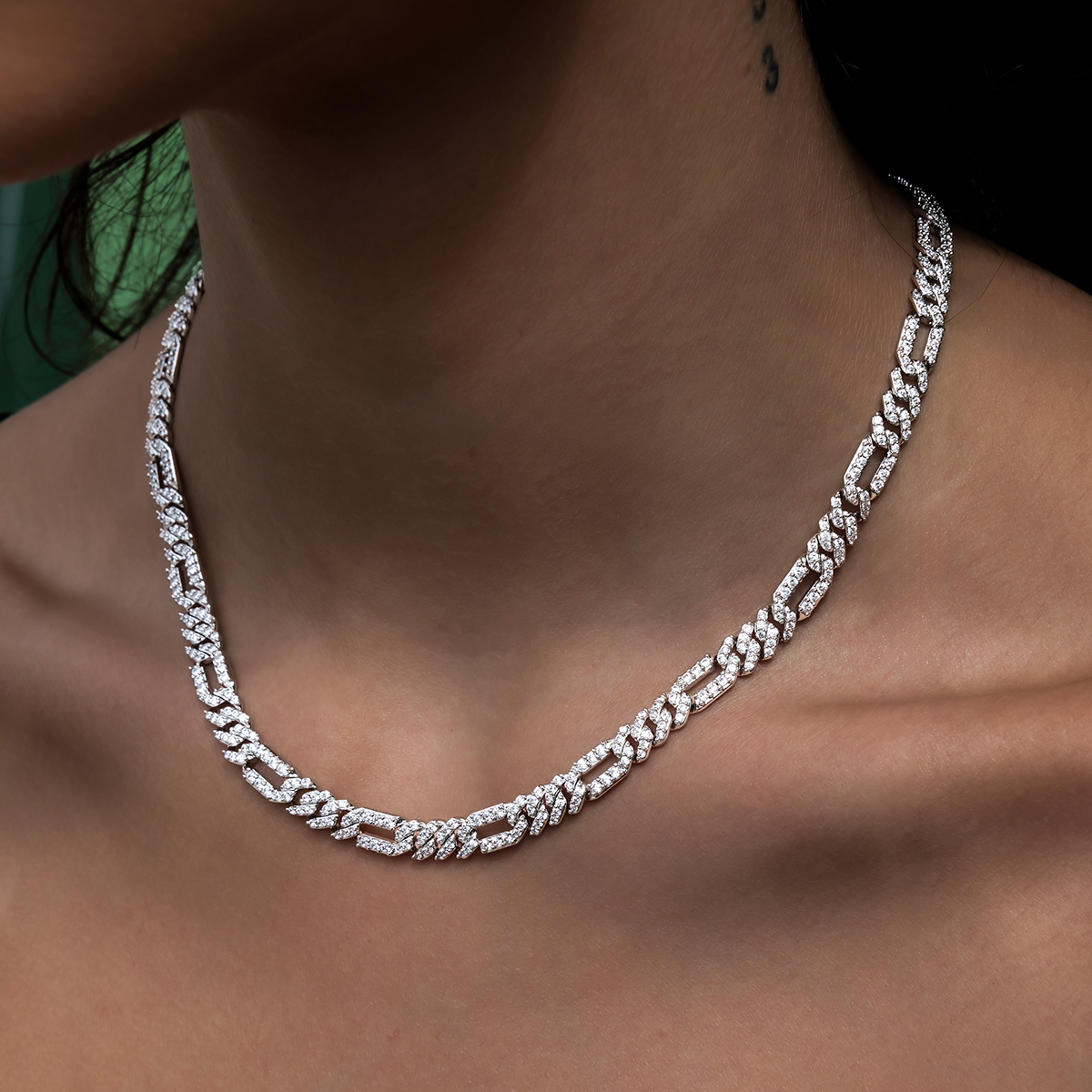 Diamond Figaro Necklace in White Gold- 6mm