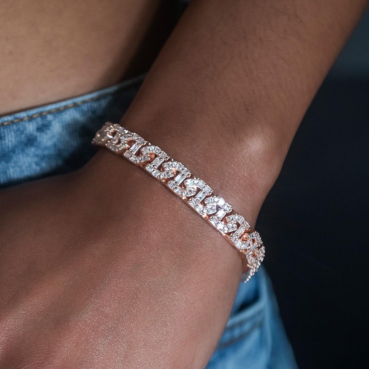 Baguette Chain Link Bracelet in Rose Gold