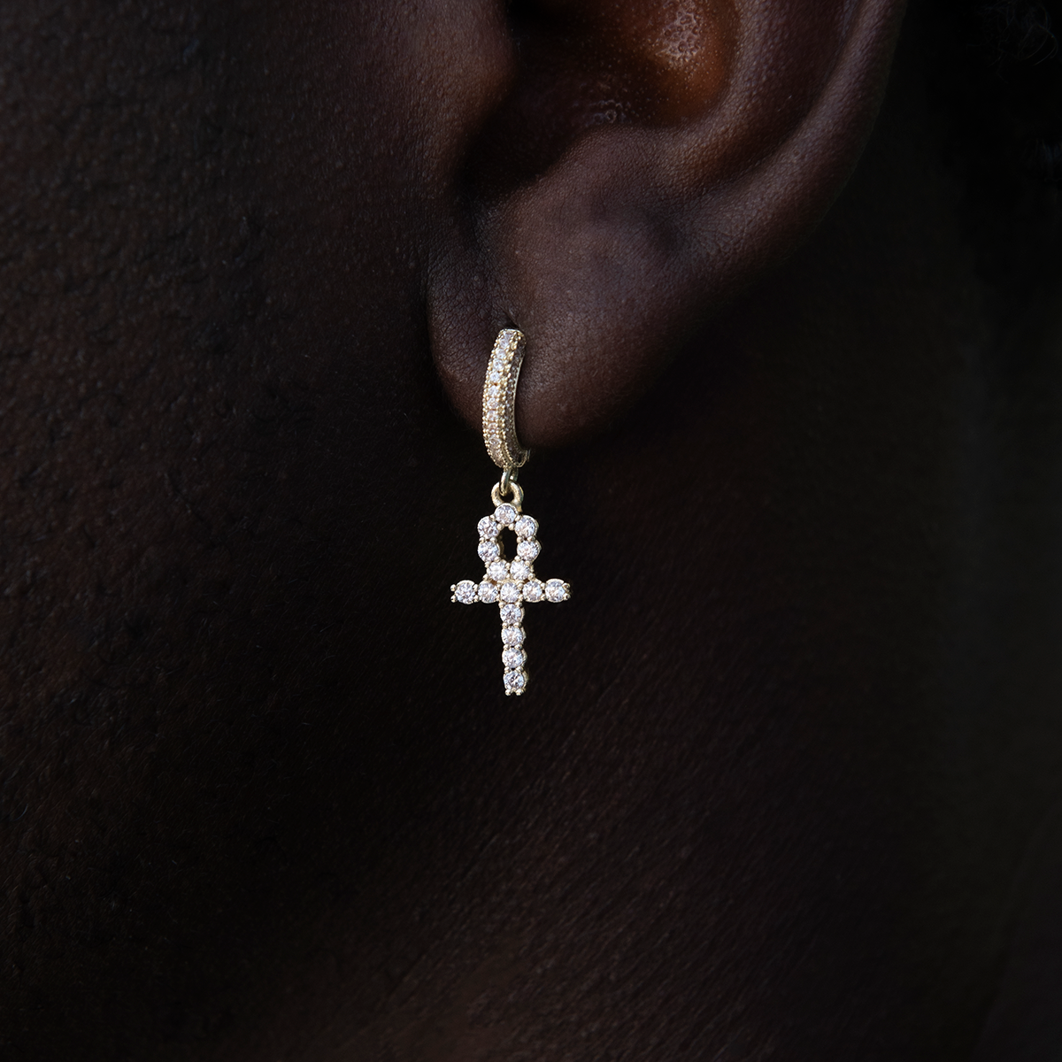 Iced Ankh Cross Huggie Hoop Earrings