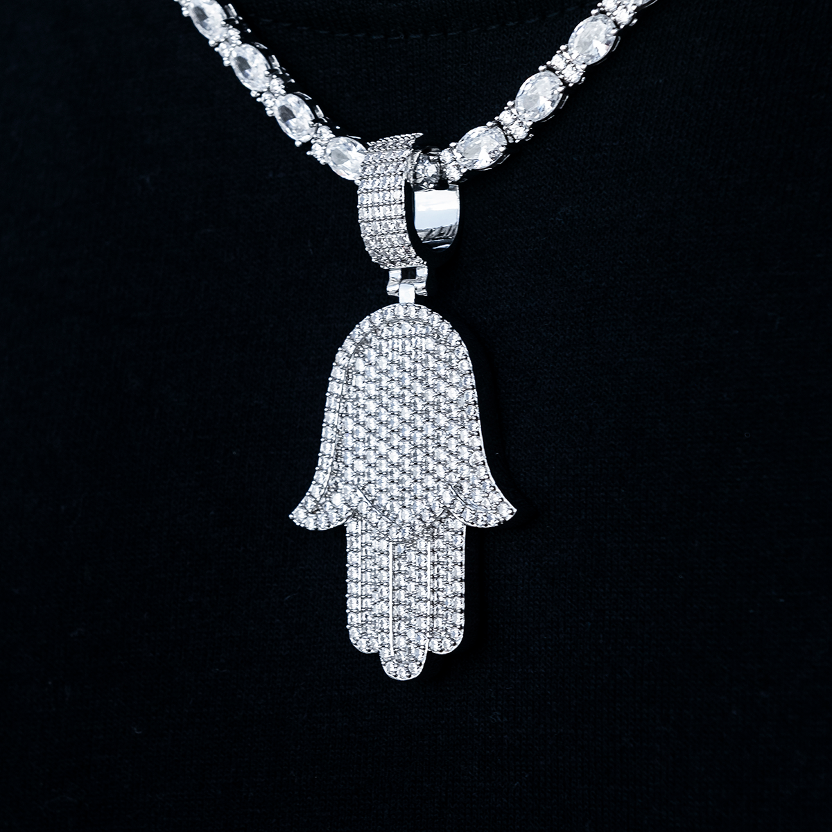 Large Iced Baguette Hamsah Pendant in White Gold