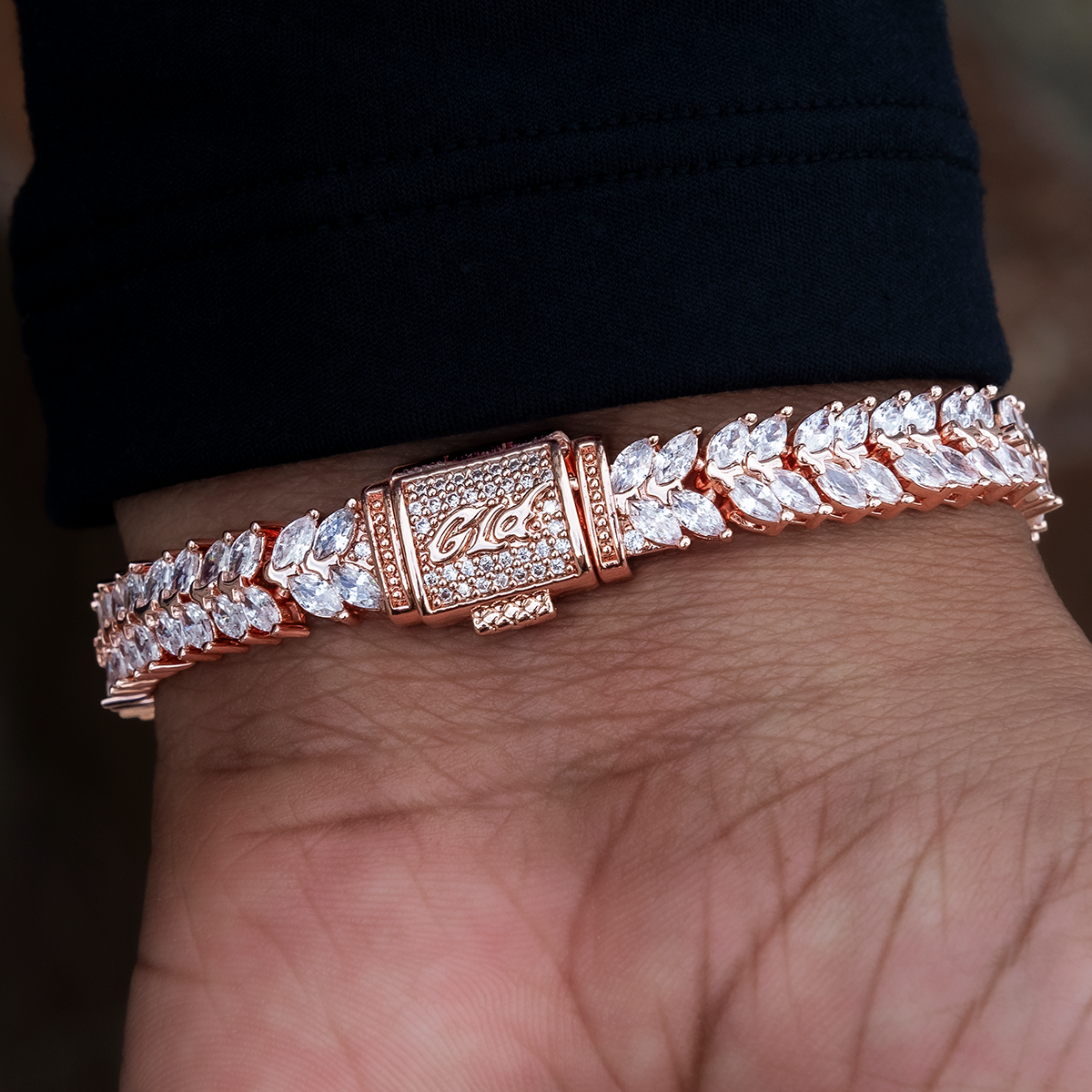 Iced Herringbone Bracelet in Rose Gold- 7mm