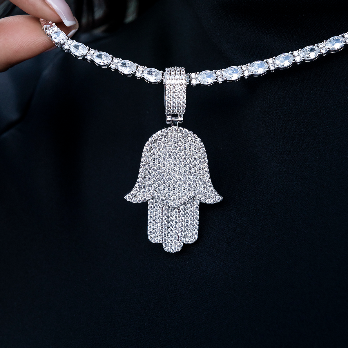 Large Iced Baguette Hamsah Pendant in White Gold