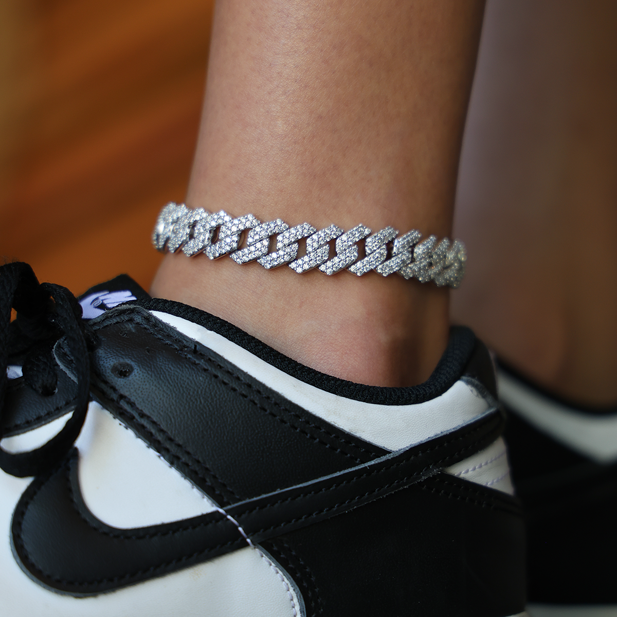 Diamond Prong Cuban Anklet in White Gold- 12mm