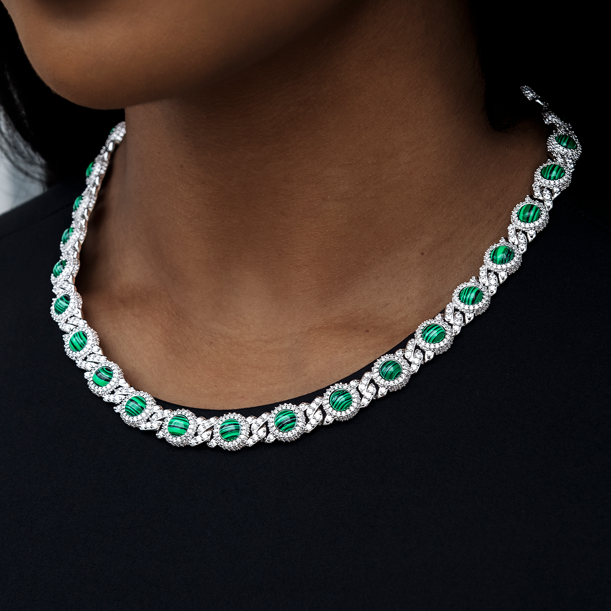 10mm Iced Halo Cuban Necklace with Malachite in White Gold