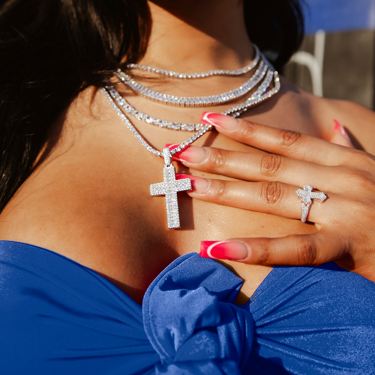 Diamond Baguette Gothic Cross Ring in White Gold Vermeil