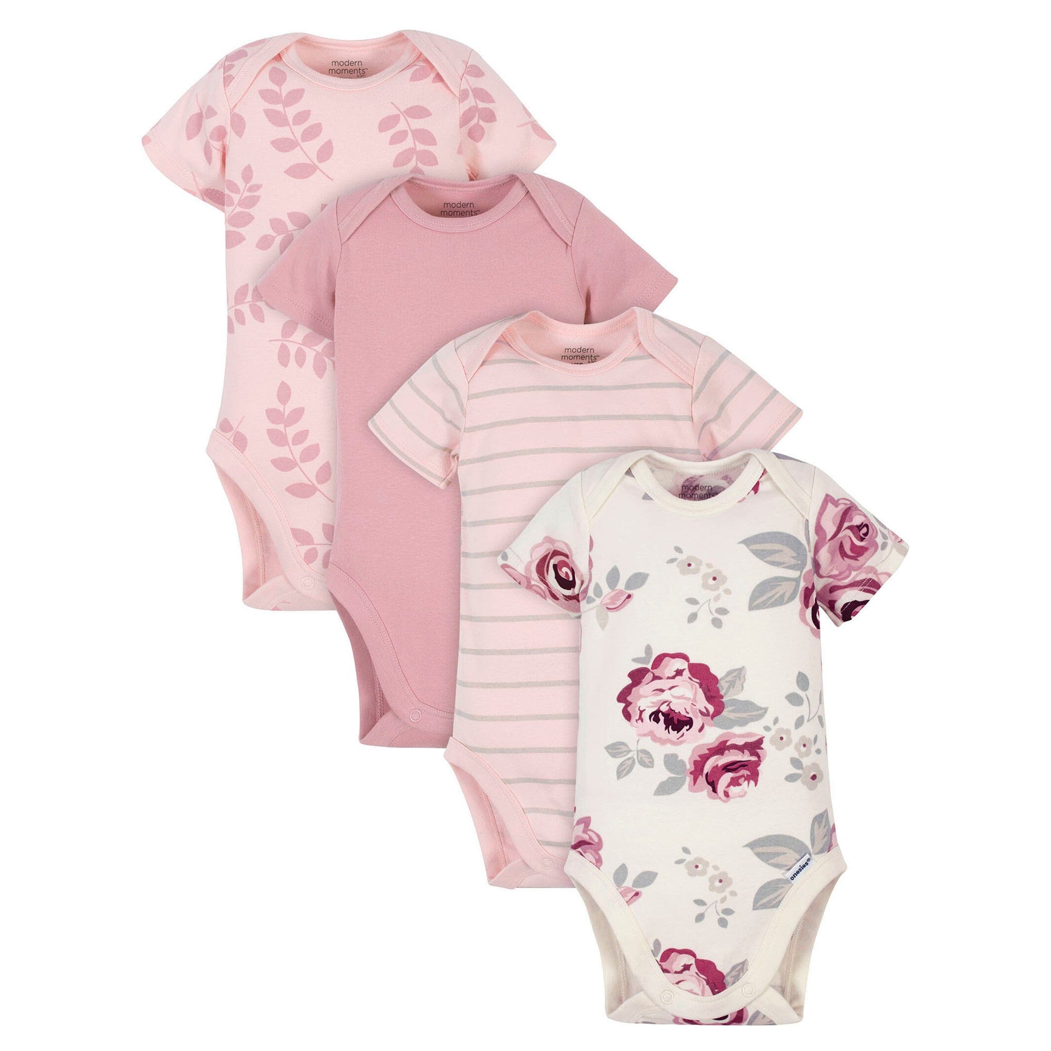 4-Pack Baby Girls Leaves & Stripes Short Sleeve Onesies Bodysuits