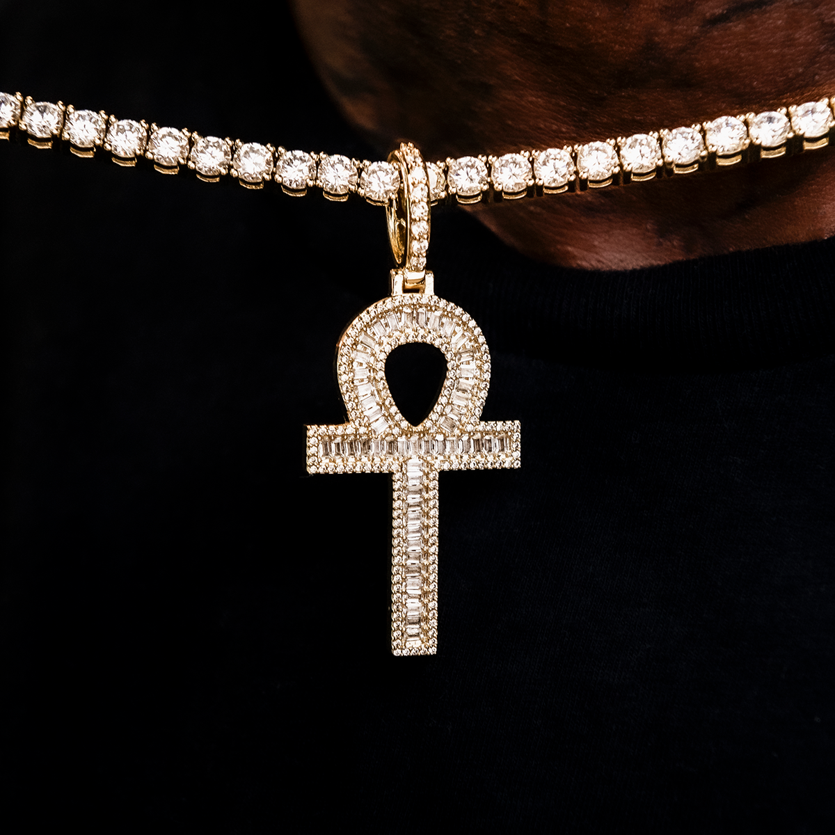 Diamond Baguette Ankh Cross Pendant in Yellow Gold