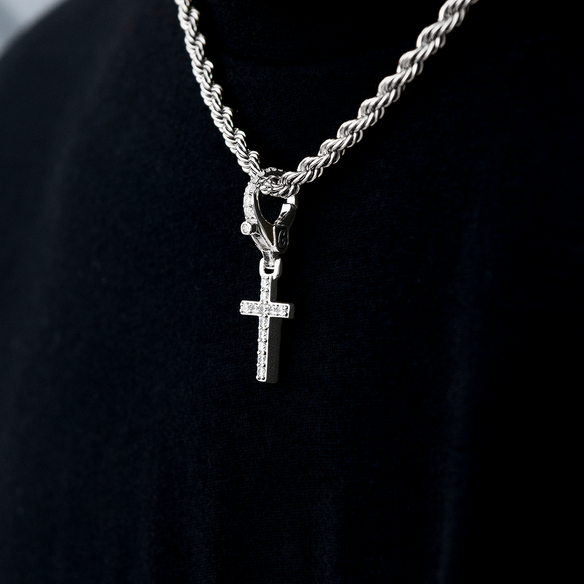 Iced Micro Cross Clip On Pendant in White Gold