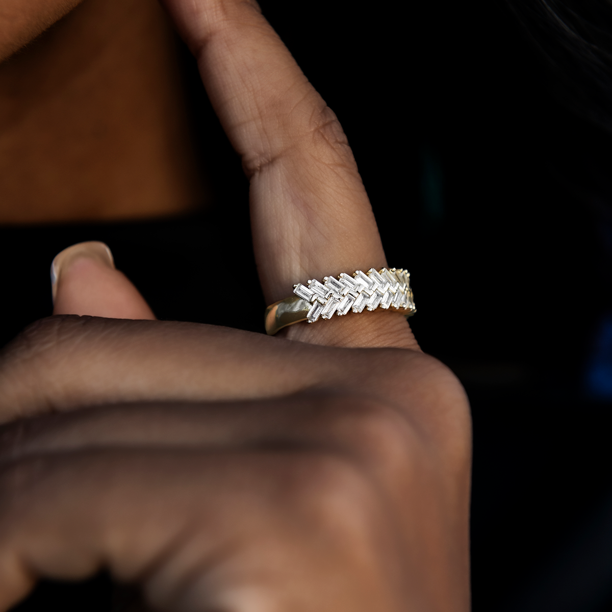 Diamond Baguette Herringbone Ring in Yellow Gold Vermeil