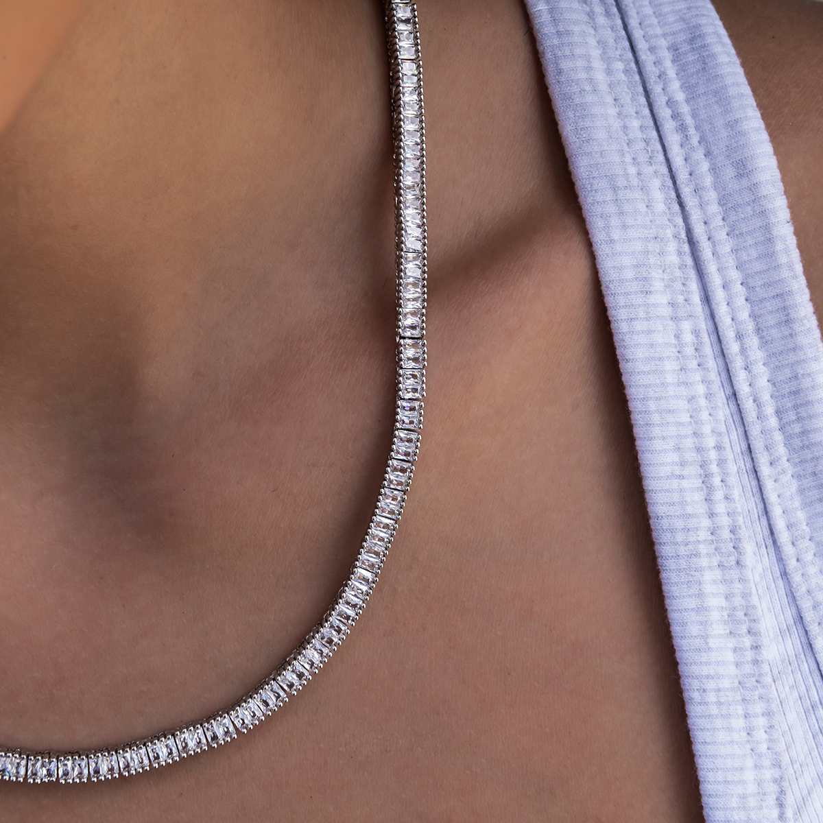 Diamond Baguette Tennis Necklace in White Gold- 3mm