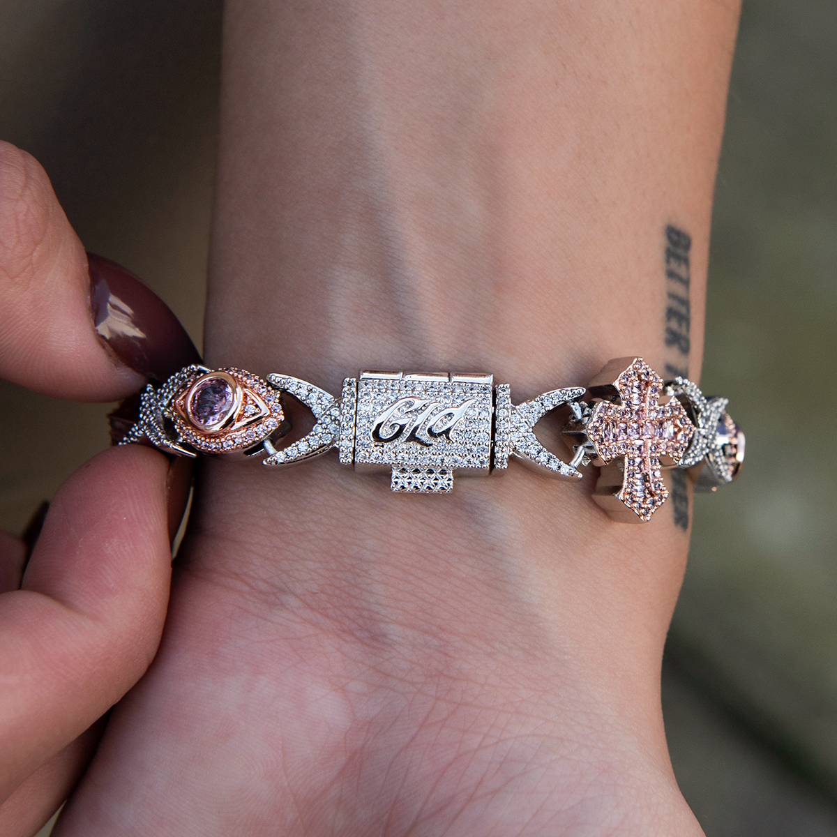 Baguette Cross Evil Eye Bracelet in Rose Gold