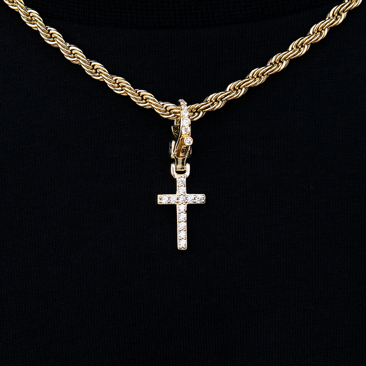 Iced Micro Cross Clip On Pendant in Yellow Gold