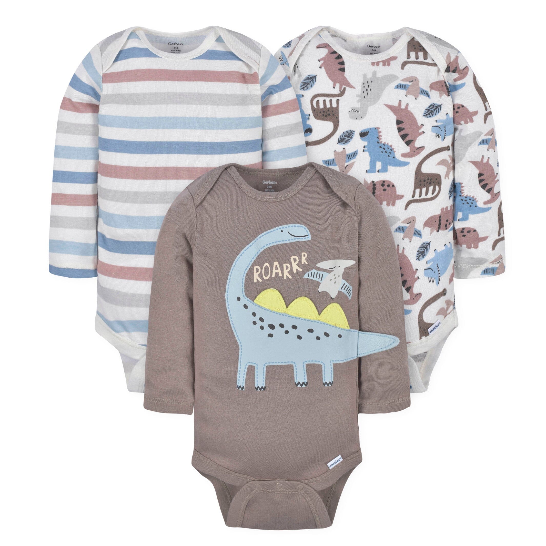 3-Pack Baby Boys Dino Long Sleeve Onesies Bodysuits