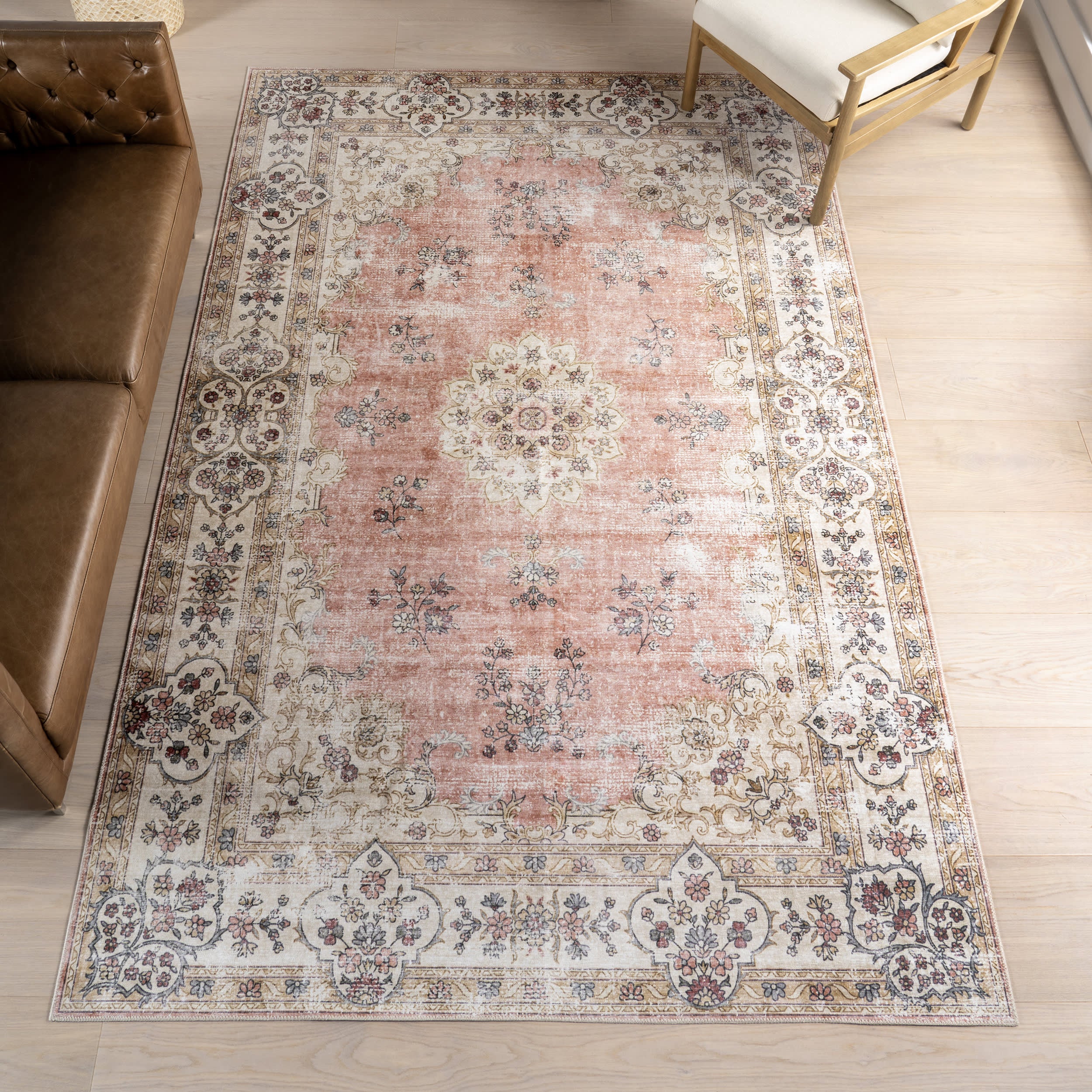 Rosette Medallion Spill Proof Washable Rug | Peach