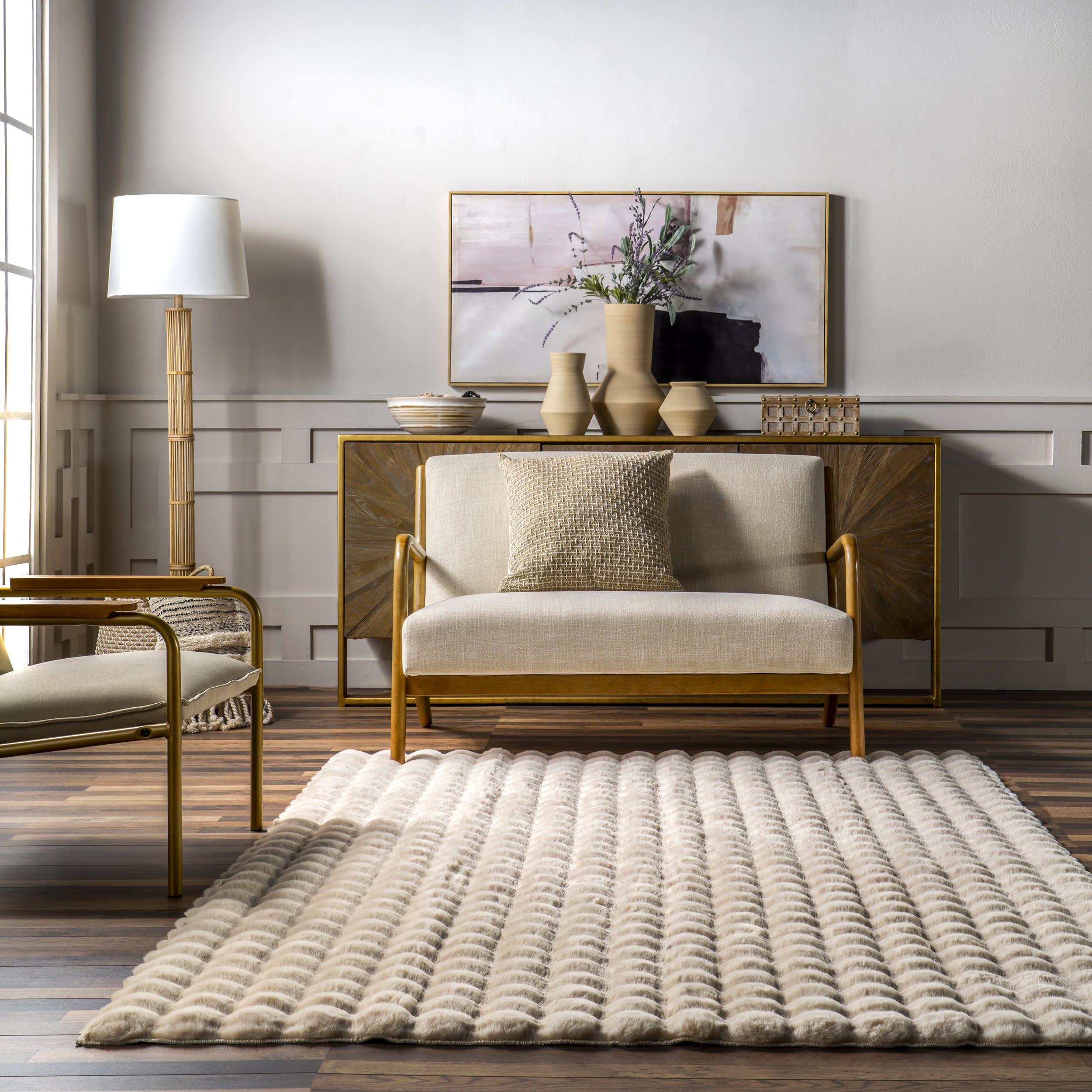 Ivana Checkered Plush Cloud Washable Rug | Beige